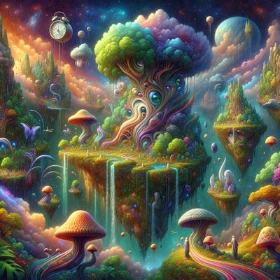 The primary subject of the image is a vibrant and colorful fantasy world filled with various mushrooms, trees, and other elements. The setting is a lush, green landscape with a waterfall and a clock tower in the background. The visual style is a digital art or illustration, creating a whimsical and imaginative atmosphere. The dominant colors are green, blue, and purple, giving the scene a serene and magical mood.